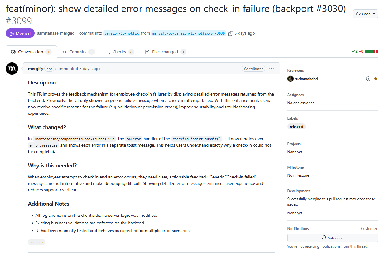 Feature PR for better errors on check-in